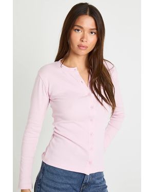 Boohoo Rib Button Through Long Sleeve Top - Pink