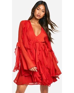 Boohoo Ruffle Flare Sleeve Mini Dress - Red
