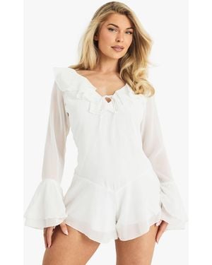 Boohoo Chiffon Ruffle Godet Hem Romper - White