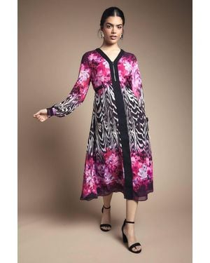 Wallis Zip Front Animal Floral Border Chiffon Midi Dress - Pink