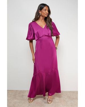 Oasis Satin Puff Sleeve V Neck Fishtail Maxi Dress - Pink