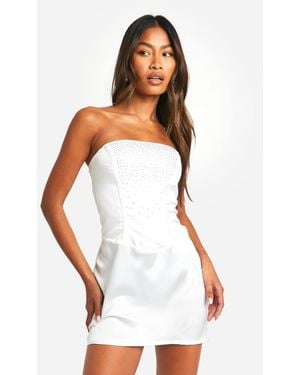 Boohoo Diamante Corset Satin Mini Dress - White