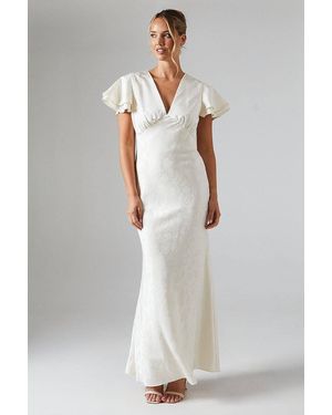 Oasis V Neck Angel Sleeve Satin Jacquard Bridesmaid Dress - Gray