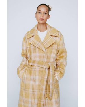 Nasty Gal Petite Plaid Print Wool Blend Robe Coat - Natural