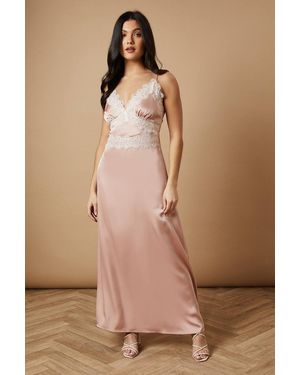 Oasis Satin Lace Detail Strappy Maxi Dress - Brown