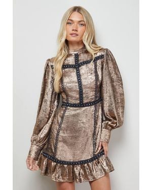 Oasis Stud Trim Long Sleeve High Neck Mini Dress - Natural