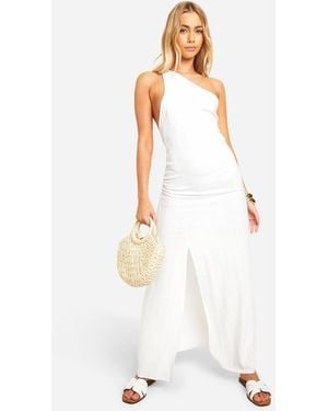 Boohoo Linen Look One Shoulder Maxi Dress - White