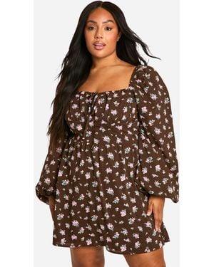 Boohoo Plus Floral Balloon Sleeve Milkmaid Skater Dress - Brown