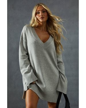 MissPap Knitted V Neck Ribbed Collar Split Side Mini Dress - Gray