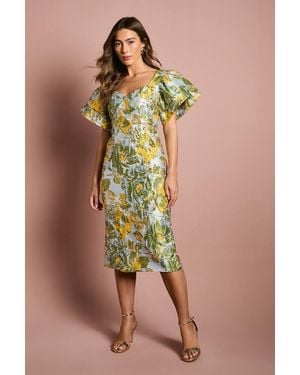 Coast Metallic Jacquard Volume Sleeve Midi Dress - Blue