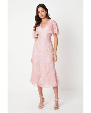 Coast Piped Cape Detail Embroidered Mesh Midi Dress - Pink