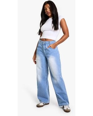 Boohoo Adjustable Waistband Faded Wide Leg Jeans - Blue