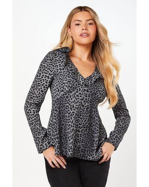 Dorothy Perkins Animal Ruffle Neck Long Sleeve Button Front Tea Blouse - Gray