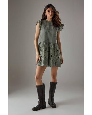 Warehouse Broderie Mix Tier Mini Smock Dress - Gray