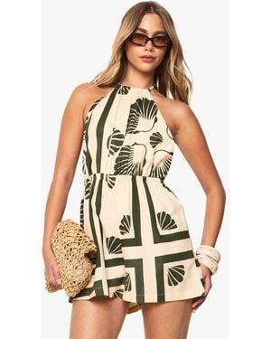 Boohoo Shell Print Linen Look Ruched Romper - White