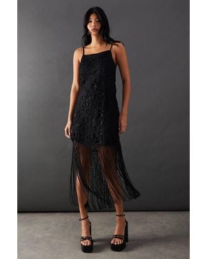 Warehouse Corded Lace Strappy Fringe Hem Mini Dress - Black