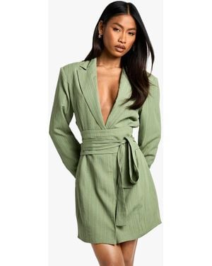 Boohoo Textured Tailored Belt Detail Blazer Dress - Green
