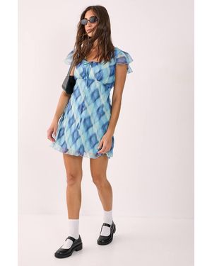Nasty Gal Crinkle Chiffon Flannel Tie Front Fluted Sleeve Mini Dress - Blue