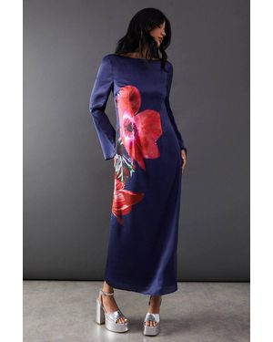 Warehouse Floral Placement Print Satin Midi Dress - Gray