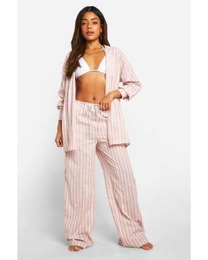 Boohoo Linen Look Stripe Wide Leg Beach Pants - Pink