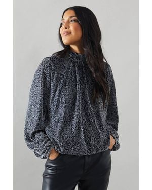 Wallis Metallic Animal High Neck Blouse - Gray