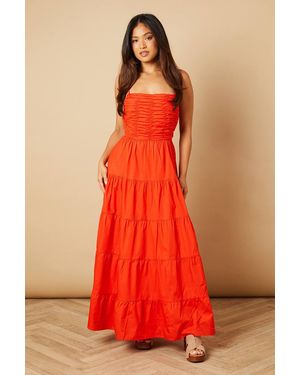 Oasis Petite Ruched Bodice Lace Up Back Maxi Dress - Red