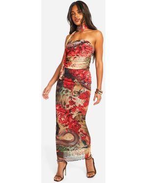 Boohoo Tropical Print Mesh Midaxi Skirt - Red