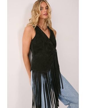 Nasty Gal Premium Suede Fringe Waistcoat - Black