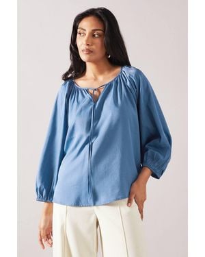 Wallis Petite Tie Neck Puff Sleeve Top - Blue