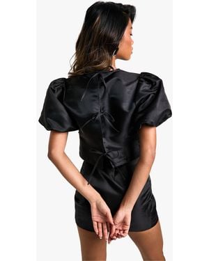 Boohoo Taffeta Tie Back Puff Sleeve Top - Black