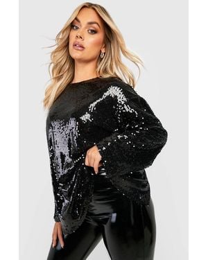Boohoo Plus Sequin Long Sleeve Open Back Top - Black