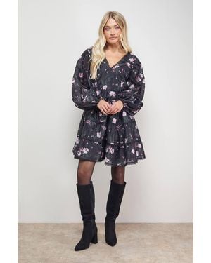 Oasis Printed Trim Detail V Neck Tiered Mini Dress - Blue