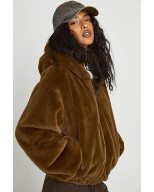 Boohoo Fur Hooded Bomber Jacket - Brown