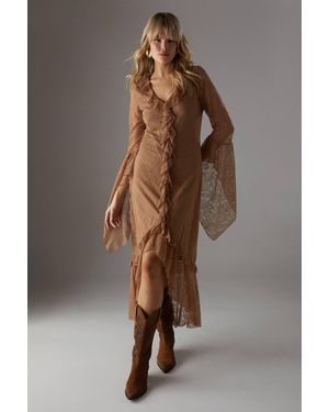 Warehouse Lace Button Through Ruffle Maxi Dress - Brown