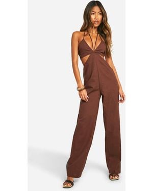 Boohoo Linen Blend Cut Out Strappy Jumpsuit - Brown