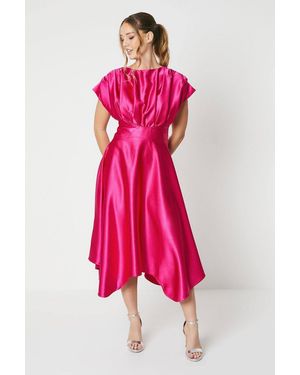 Coast Satin Pleat Shoulder Handkerchief Hem Midi Dress - Pink