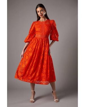Coast Geo Lace Blouson Sleeve Midi Dress - Red