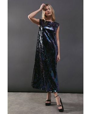 Warehouse Sequin Shoulder Pad Sleeveless Midi Dress - Black