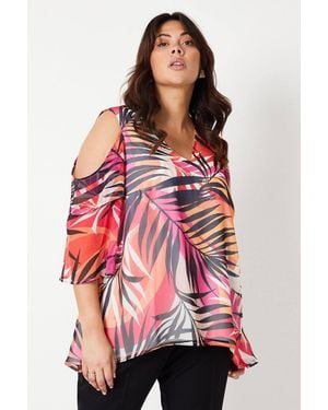 Wallis Curve Palm Print Ruffle Sleeve Top - Red
