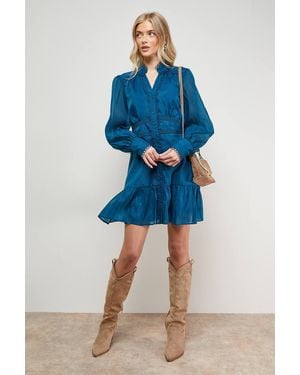Oasis Plain Lace Trim Boho Shirt Mini Dress - Blue