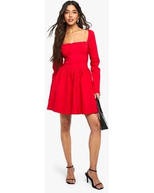 Boohoo Bengaline Corset Long Sleeve Skater Dress - Red
