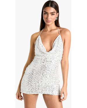 Boohoo Cowl Neck Pearl Sequin Mini Dress - White