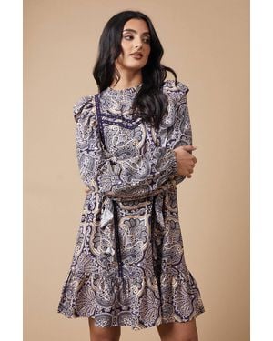 Oasis Paisley Printed Ruffle Lace Trim Mini Dress - Blue