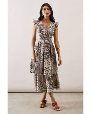 Wallis Animal Print Ruffle Sleeve Tiered Dress - Multicolor