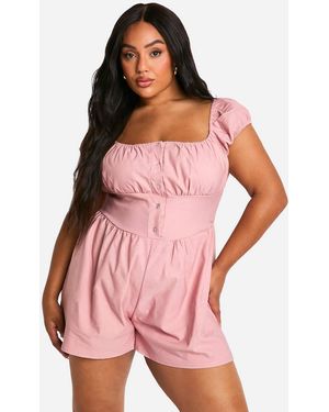 Boohoo Plus Stretch Woven Puff Sleeve Milkmaid Playsuit - Pink