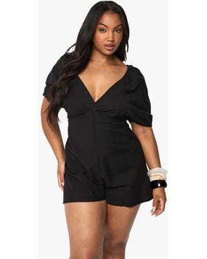 Boohoo Plus Linen Look Tie Puff Sleeve Playsuit - Black