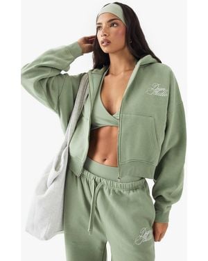 DSGN Studio Embroidered Boxy Zip Through Hoodie - Green