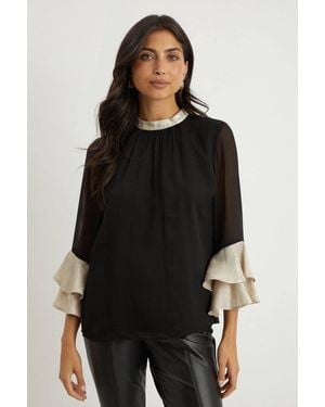 Wallis Foil Trim Ruffle Sleeve Top - Black