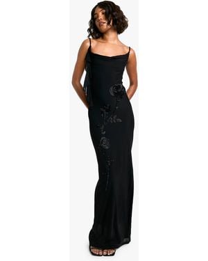 Boohoo Tall Floral Hand Embellished Cowl Maxi Dress - Black