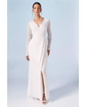 Coast Wrap Bodice Long Sleeve Sequin Wedding Dress - Blue